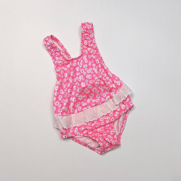 Vintage Swimsuit Baby Girls Sz 12m Pink Neon 80s 90s Ruffle - Picture 1 of 3